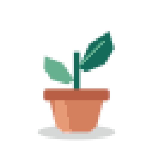 The potted plant converted to a 64 by 64 pixel grid, preserving transparency with 8 extracted colors