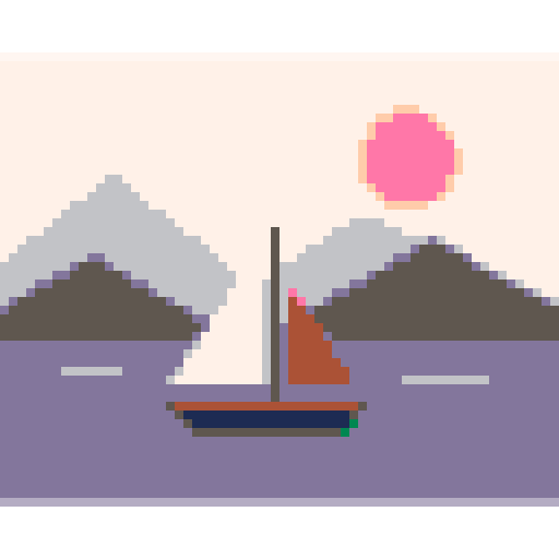 The sailboat illustration converted to a 64 by 64 pixel grid using the PICO-8 palette