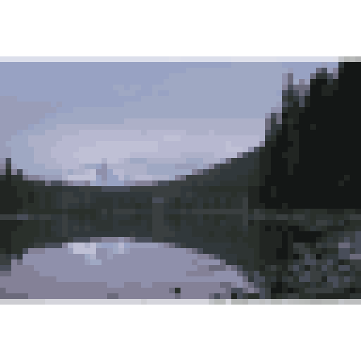 The mountain lake converted to a 64 by 64 pixel grid with 16 colors extracted from the photo
