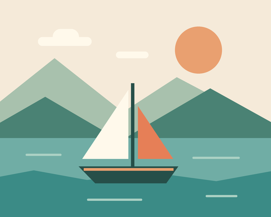 An original geometric illustration of a sailboat on teal water beneath a peach sun